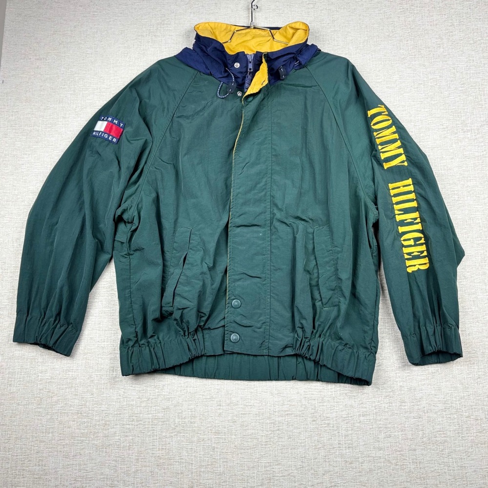 Vintage Tommy Hilfiger Windbreaker Jacket Green XL Spellout Logo 90s Sailing